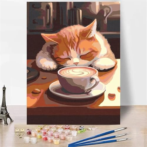 Cooiiye Peinture par Numéro Adulte,Chat tasse à café Kits de Peinture à l'huile sur Toile DIY sans Cadre Peinture Acryliques pour Débutants d'art Artisanat pour Maison Murale Décor 55x70 cm