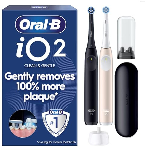 Oral-B iO2 Duo Electric Toothbrushes, 2 Gentle Care Toothbrush Heads, 1 Travel Case, 1 Travel Refill Holder, Oral B Toothbrush Adults (Night Black and Calm Pink), Designed by Braun, 2 Pin Plug