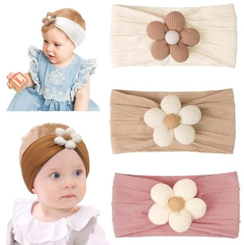 NJCXOLA Lot de 3 bandeaux élastiques en nylon avec nœud pour bébé (blanc, rose et kaki)