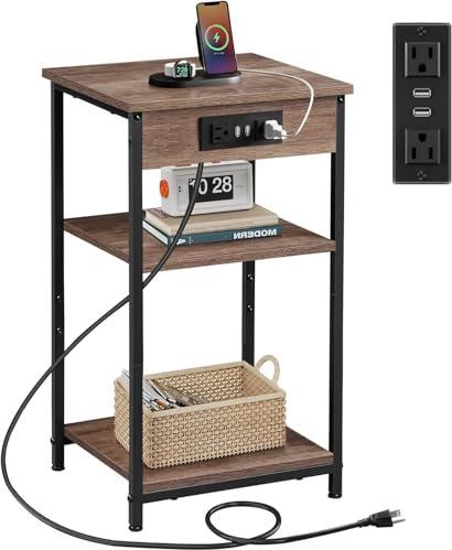 WLIVE Side Table, 3-Tier Side Table with Charging Station, Slim End Table with Adjustable Middle Shelf, Brown Table for Small Spaces, Small Bed Table for Living Room and Bedroom, Brown