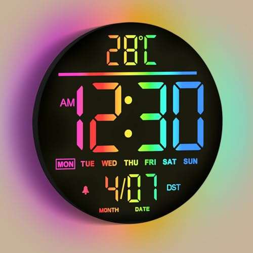 Mee 2ou Digitale Wanduhr, 25 cm/10 LED Bildschirm, 12 RGB-Farben, Auto Helligkeit, Temperatur, Datum Und Wochentag, Nachtlicht, Geräuschlos, Moderne Elektrische LED Wanduhr Digital Für Wohnzimmer
