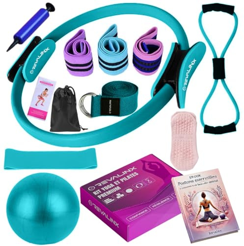 Revalinx Kit Pilates Casa 9pcs, Conjunto Yoga Pilates con Aro Pilates Mujer, Pelota Yoga, Bandas Resistencia, Correa, Elástico, Calcetines Antideslizantes, Accesorios Pilates Mujer