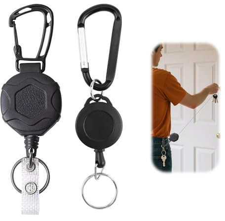 2 portachiavi allungabili con corda in acciaio retrattile da 60 cm, porta badge tattico estraibile, resistente moschettone retrattile e corda in acciaio, moschettone stabile