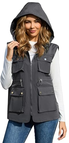 PESION Women's Packable Lightweight Waterproof Softshell Vest Windproof Outerwear Zip Up Sleeveless Jacket for Running Hiking Golf, Dark Gray, Small