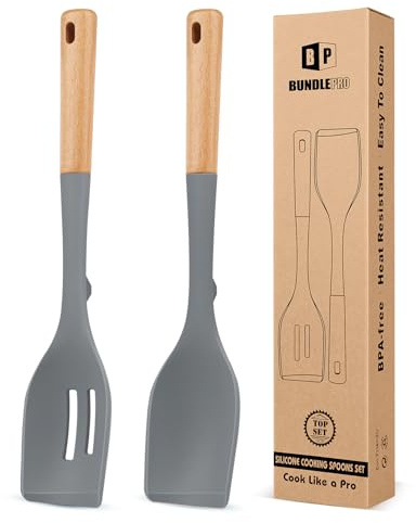 Pack of 2 Large Silicone Cooking Spoons, Heat Resistant Non Stick Kitchen Utensils with Wooden Handle, Ideal for Mixing, Stirring, Serving, Cooking(Gray)