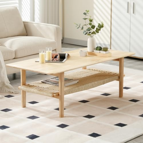 chairus Wooden Coffee Table Double-layer Center Tea Table Rectangular Side Table with with Storage Shelf for Living Room/Bedroom/Office, Natural Wood
