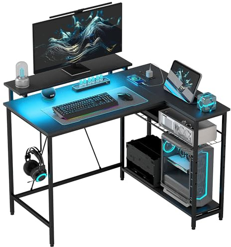 HOMCOM Bureau d'angle Réversible LED 2 Prises 2 Ports USB 107x80cm Noir