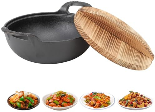 TeamSky Uncoated Cast Iron Wok with Lid, 9.8 Inch Flat Bottom Heavy Duty Cookware with Dual Handles for All Stoves