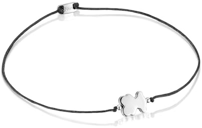 TOUS Pulsera para Mujer de Plata de Primera Ley y Nylon Negro con Motivo Oso, Colección Sweet Dolls