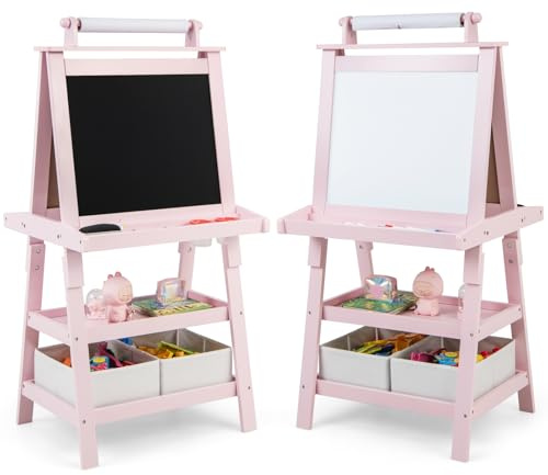 HOMASIS Kindertafel mit doppelseitiger Staffelei, Staffelei für Kinder aus Holz mit Papierrolle, 2 Behältern und 2 Regalen, Lernspielzeug ab 3 Jahren (Rosa)