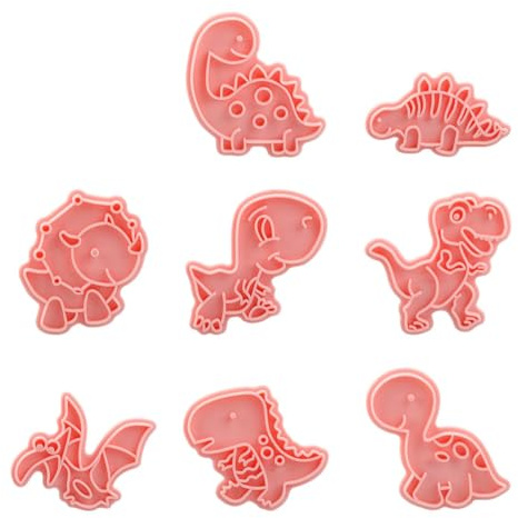 Hopzab 8 PCS Dinosaur Cookie Cutters Set Plastic Cookie Stamps Cute Biscuit Press Mould with 3D Dinosaurs Shape for Dinosaur Party Birthday Party Pastry Fondant Cake Decoration