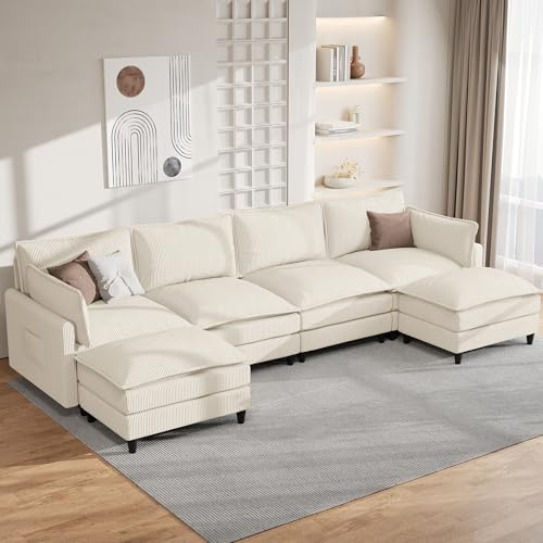 APICIZON Sofá con función de dormir, sofá en forma de U, 4 plazas, 363 cm de largo, sofá grande con funda de pana, sofá grande con 4 respaldos, 2 cojines y 2 otomanas, bolsa de almacenamiento lateral