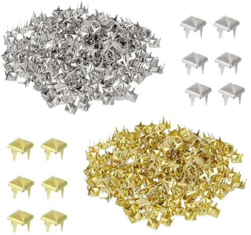 VEOIRXU 400 Stück Quadratische Nieten Metall 10mm Studs Pyramiden Nieten Set für Leder Ziernieten DIY Punk Niete für Kleidung Taschen Lederband Schuhe Mäntel Handschuhe (Gold + Silber)