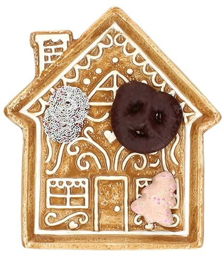 MamboCat Lebkuchenhaus Teller I Steingut hellbraun mit weißer Lasur I Weihnachtlicher Gebäck- & Servierteller in Hausform mit Schornstein I Advent & Weihnachten