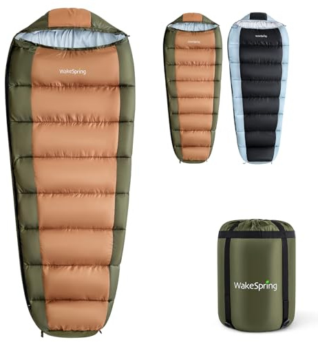 WakeSpring Schlafsack Erwachsene, 3-Jahreszeiten Mumienschlafsack Outdoor, wasserabweisender Camping Schlafsack Kapuze 450GSM, 200/230 cm, für Reisen