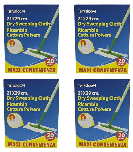 Terryshop74 4 paquetes de paños atrapapolvo de 21 x 29 cm – 80 paños totales (20 x 4) repuesto universal para escobas, Dry Sweeping Cloths – Retienen el polvo, el cabello y la suciedad – Maxi
