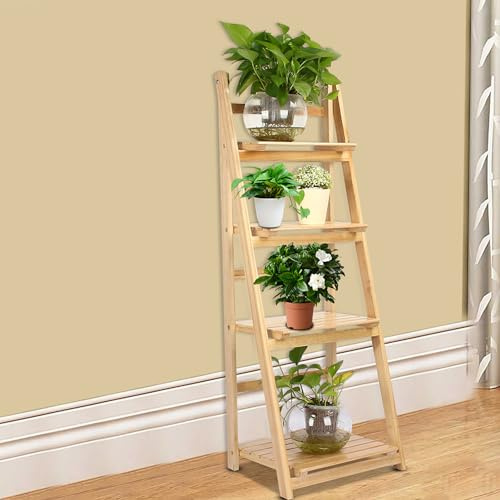 Akozon Étagère échelle Pliable à 4 Niveaux – Unité de Rangement Polyvalente pour Livres, Plantes et Décoration en Finition Burlywood (Bois Naturel)