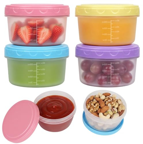 NUTKIT 4-pack små matbehållare med lock, 300 ml återanvändbara små såsgrytor, läckagesäker salladsdressing krukor behållare med graderad, stapelbar frys mellanmålslåda för vuxna och barn