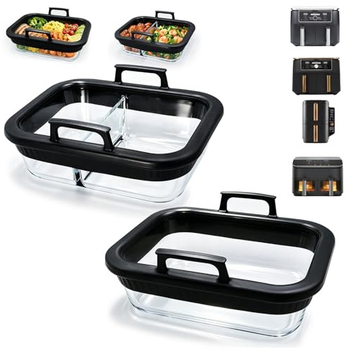 2pcs Glass Air Fryer Liners with Silicone Handles, Glass Baking Dish for Ninja Air Fryer Dual Zone AF400UK/AF451UK/AF500UK Glass Food Container Air Fryer Accessories