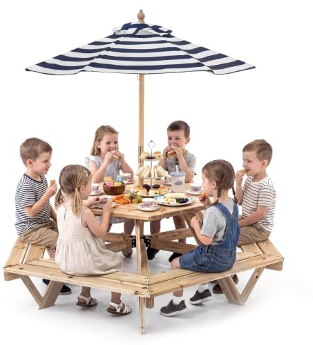 LIFEZEAL Tavolo da Picnic in Legno Massello per Bambini 3-8 Anni | Tavolino Esagonale con 6 Panche Integrate e Ombrellone Rimovibile e Regolabile, Tavolo da Campeggio per Esterno e Interno