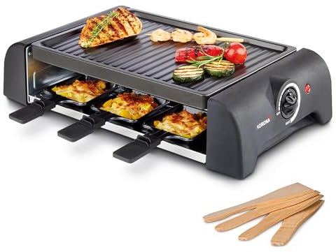 Korona 45065 Raclette para 6 personas | 6 sartenes y espátulas | Con placa grill con revestimiento antiadherente | Cable largo de 1,2 m | 1000 vatios