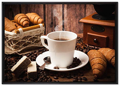 Pixxprint heißer aufgebrühter Kaffee Leinwandbild 100x70 cm im Bilderahmen, Wandbild, Schattenfugenrahmen, Kein Poster