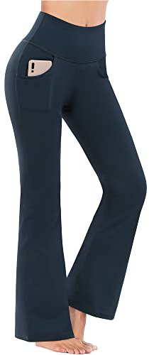 Promover Flared Trousers Women Bootcut Yoga Pants for Women Sports Leggings Stretch High Waist Workout Bootleg Tummy Control Work Trousers(Navy Blue （with Pockets）,M,Regular)