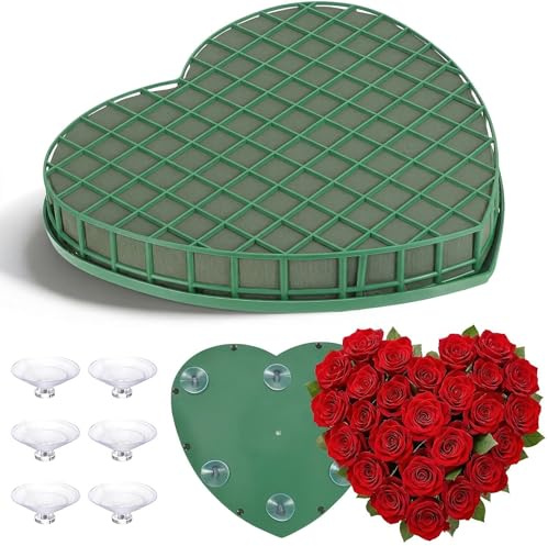 Heart-Shaped Floral Foam with Suction Cups, Floral Foam Cage Blocks for Flower, Floral Foam Blocks Artificial Flowers Arrangement Mud for Valentine Wedding Car Decoration (Large Heart)