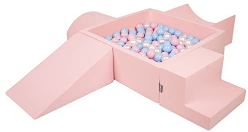 KiddyMoon Parque Infantil De Espuma con Cuadrada Piscina De Bolas (200 Bolas) para Niños, Rosa:Azul Claro/Rosa Claro/Perla