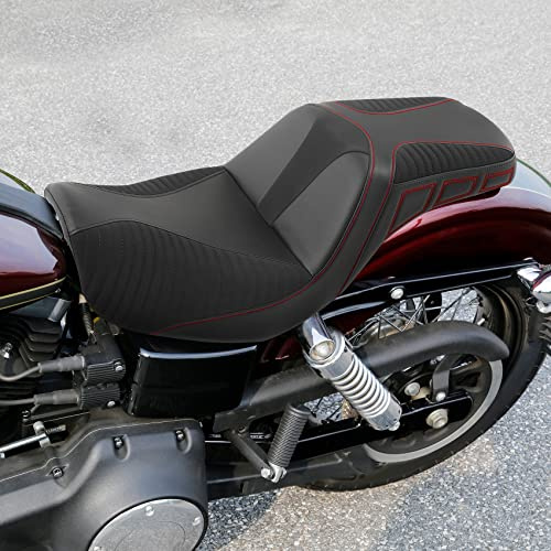 Microfiber Leather Driver Rider Passenger Seat Fit for Harley Dyna Super Glide Street Bob Wide Glide Fat Bob Low Rider Switchback 2006-2017 Red Stitching