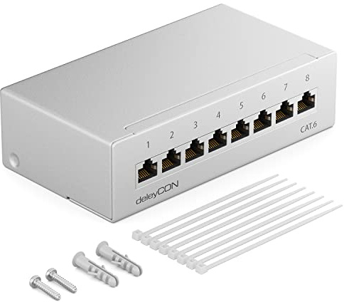 deleyCON CAT 6 Patchpanel Verteilerfeld 8 Port 1 HE RJ45 - Lichtgrau | Desktop & Wandmontage, geschirmt, 8x RJ45 Buchse, LAN Netzwerk Verlegekabel, TIA568A TIA568B, RAL 7035
