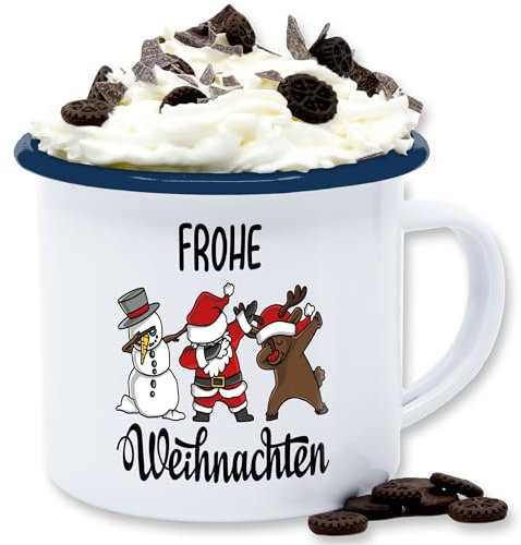 Emaille Tasse Blechtasse - Weihnachtstasse - Dabbing Frohe Weihnachten I Schneemann I Weihnachtsmann I Elch I Rentier I Weihnachtsmotiv - 300 ml - Weiß Blau - weihnachtstassen christmas xmas tassen