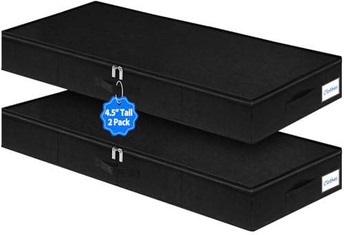 Unterbett-Aufbewahrungsbehälter, 2 Stück, 11,4 cm hoch, niedriges Profil, Unterbettkommode mit stabiler Seiten- und Bodenstütze, Verwendung als Kleider-Organizer, Kissen- und Decken-Organizer, Schwarz