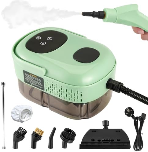 Pulitore a vapore elettrico, 2500 W pulitore a vapore portatile, 1,1 l/3,0 bar, pulitore a vapore a pressione con tocco intelligente, 6 marce, per bagno, cucina, pavimenti, finestre (Verde)
