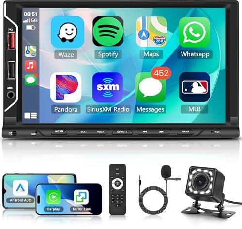 Rimoody Wireless Carplay Autoradio 2 Din mit Android Auto Bluetooth Freisprecheinrichtung 7 Zoll Touchscreen Autoradio mit Bluetooth Mirror Link FM Radio USB/TF/AUX Lenkradsteuerung Rückfahrkamera