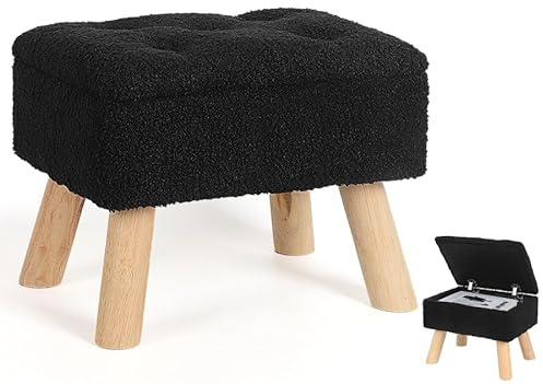 Sitzhocker Mit Stauraum, kleiner Fußhocker mit Stauraum, Fußstütze aus Bouclé-Teddy-Samt mit gepolstertem Sitz, Hocker mit stabilen Holzbeinen für Wohnzimmer, Schlafzimmer, Cremefarben (Schwarz)
