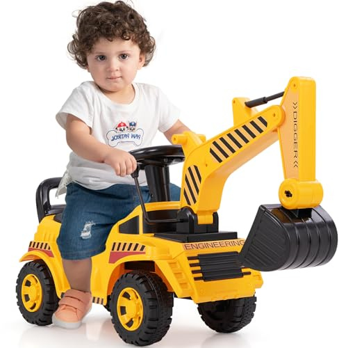 GOPLUS Porteur Tracteur Bebe,Camion de Construction Porteur Enfants, Voiture à Pousser avec Pelle Fonctionnelle, Volant & Sons de Moteur, Rangement,Charge 15KG,pour Enfants 1,5-3 Ans
