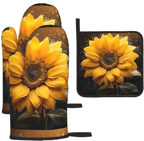 Bellissimo set di 4 presine da cucina con stampa di girasole, guanti da forno e presine, per la primavera/estate, per cucinare e barbecue