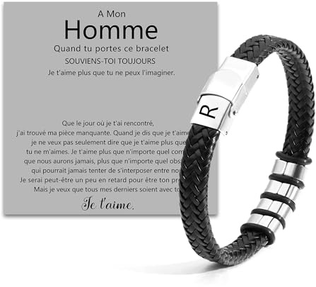 Bracelets pour Hommes Initiales A-Z Bracelet Tissé Noir Cadeau pour Hommes