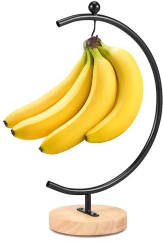 NIHUIFDPY Banana Holder Stand, Moon Shape Banana Hook Hanger, Metal Banana Tree Holder with Wood Base,Banana Rack for Kitchen Counter, Decorative Stand Holder for Hanging Banana Grape(Black)