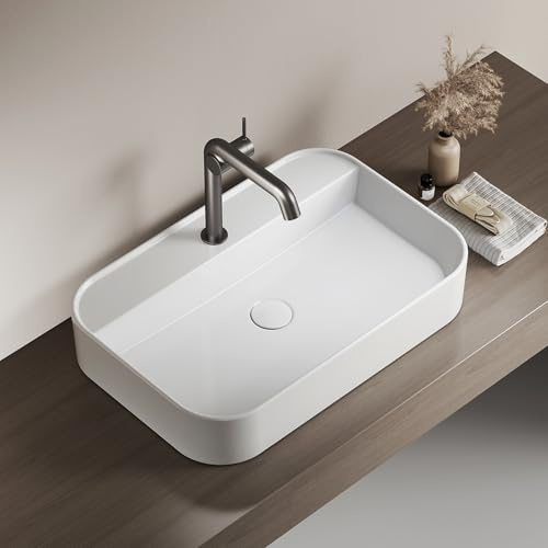 EMKE Lavabo da Appoggio Rettangolare, 60 x 40 x 11 cm,Bianco Lucido | per Bagno e WC Ospiti – Ceramica