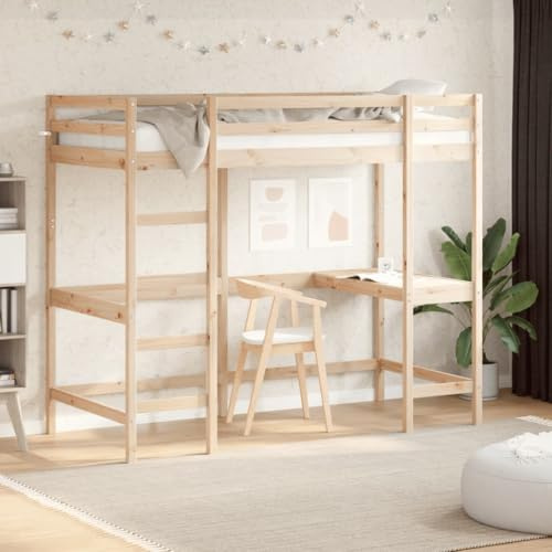 KOIECETA Hochbett mit Schreibtisch Bett für Jahren Stockbett mit Sperrholzlatten Etagenbett 90x200 cm Massivholz Kiefer