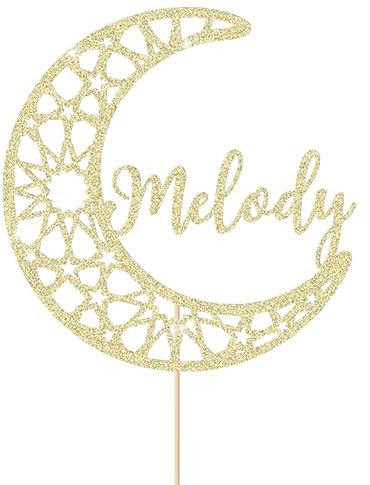 Personalised Eid Cake Toppers Gifts Custom Ramadan Mubarak Cake Topper Double Sided Glitter Eid Mubarak Cake Topper Gifts for Islam Ramadan Party Decorations (Champagne Gold)
