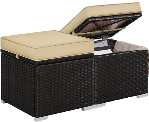 Yaheetech Set of 2 Storage Ottomans with Removable Cushion, Patio Wicker Footstools Side Tables for Deck, Porch, Garden, Brown/Khaki