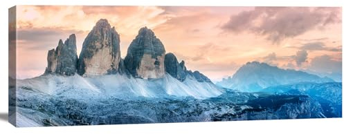Visario Leinwandbild Berge Sonnenuntergang 120x40 cm 5770 Panorama Wandbild Drei Zinnen Dolomiten Alpen Natur Landschaft Kunstdruck auf Leinwand fertig aufgespannt Holzrahmen Wanddeko Wohnzimmer Büro