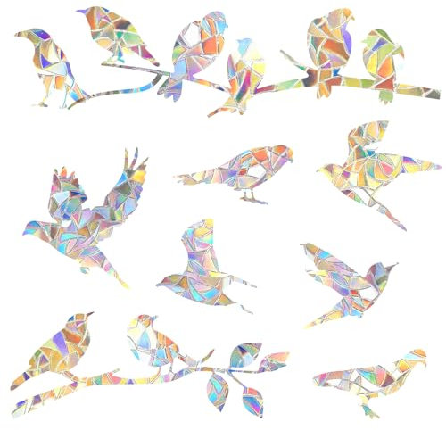 Nogeqi 40 Stück Prisma Fensteraufkleber Vogelschutz, Fensterbilder Vögel Aufkleber Fenster für Scheiben, Fenstersticker Vögel für Glasscheiben Vogelschläge Schützt vor Glaskollisionen Vogelstil