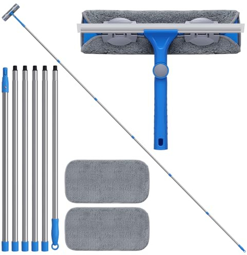 Mitclear 2 in 1 Lavavetri con Manico Lungo(475cm), Lavavetri con Tergivetro in Silicone e Spazzola in Microfibra, Kit per Pulizia dei Finestre Alte per Interni/Esterni, Bagno, Doccia, Auto, Vetro