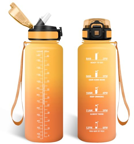 HoneyHolly Botella Agua, 1.5L Cantimplora Gimnasio con Pajita, Water Bottle, con Marcador de Tiempo, Botella de Agua Deportiva, Prueba de Fugas, Cantimplora para Escuela, Senderismo, Fitness