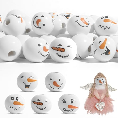100 Stück Schneemann Holzperlen mit Gesicht 20mm (5 Designs) - Weihnachtsmann Holzkugeln Bastelset für DIY Schmuck Weihnachtliche Handwerksperlen