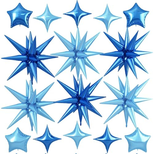 Blue Star Balloon,16Pcs Light Blue Star Foil Balloons Set with 22Inch Explosion Spike Cone Balloons and 10Inch Quadrangle Helium Balloon for Birthday Wedding Baby Shower Party Decorations